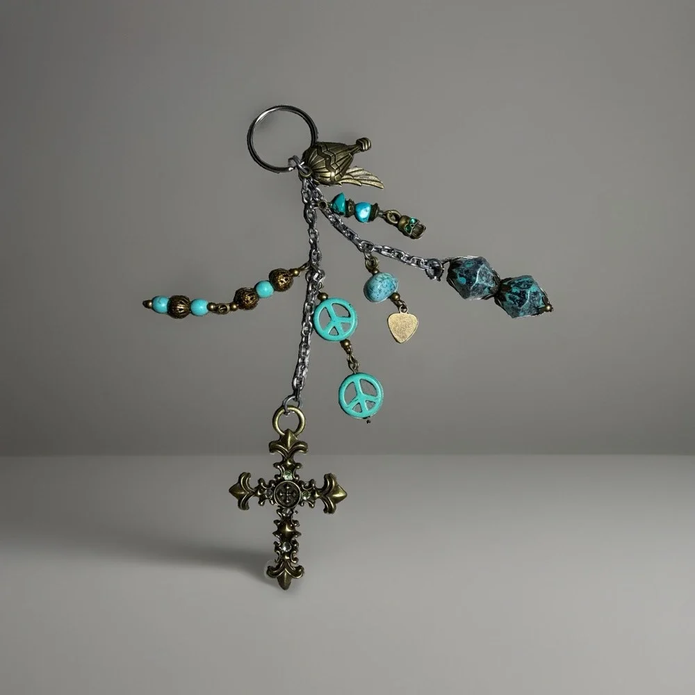 Vintage Cross Jade Patina Charm Keychain Peace Heart Bird Religious Accessory